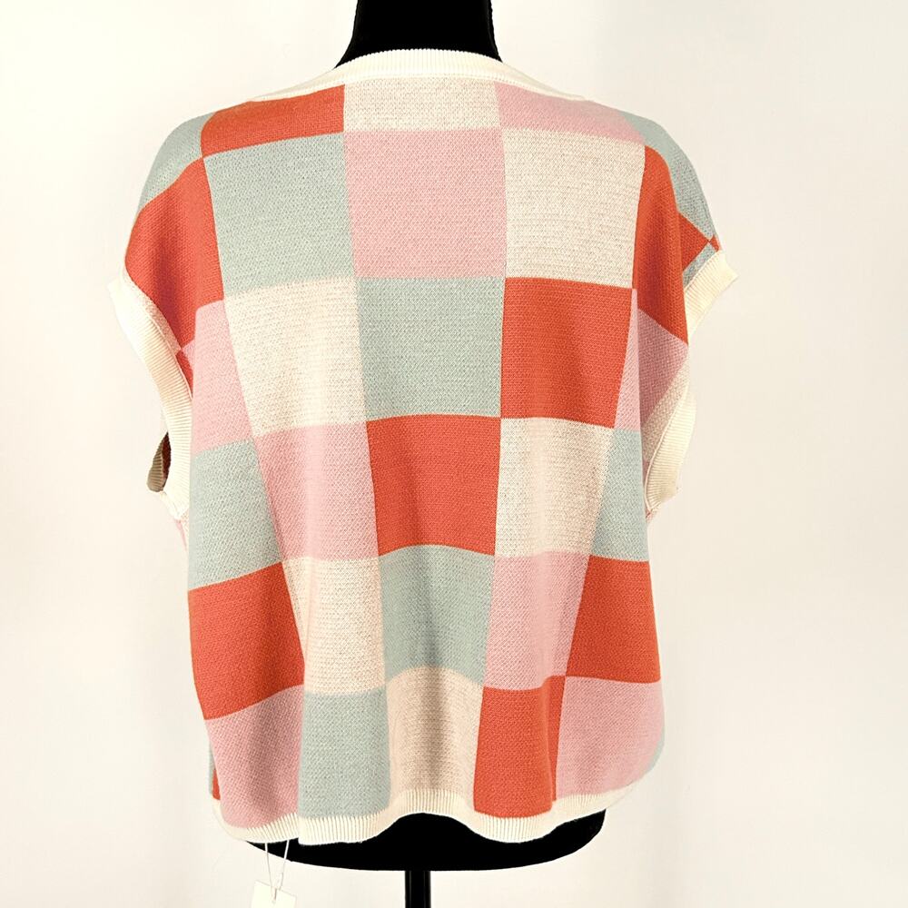 Oversized Soft Girl Checker Cap Sleeve Sweater Womens Boxy Pastel Knit Large NWT - Picture 6 of 8